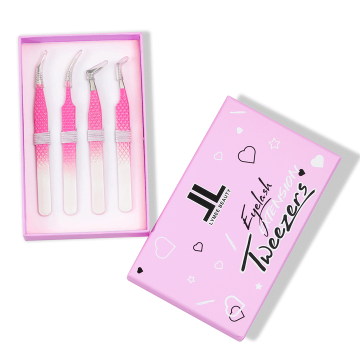 Ombre Pink-White Professional Eyelash Extensions Tweezers Kit