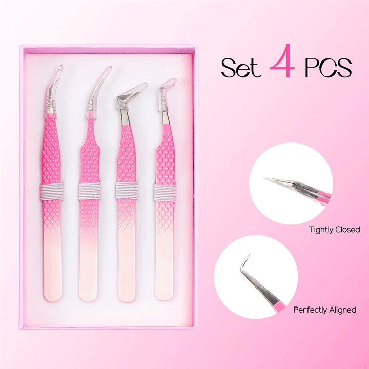 Ombre Pink-White Professional Eyelash Extensions Tweezers Kit