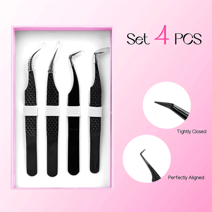 Black Professional Eyelash Extensions Fiber Tweezers Kit